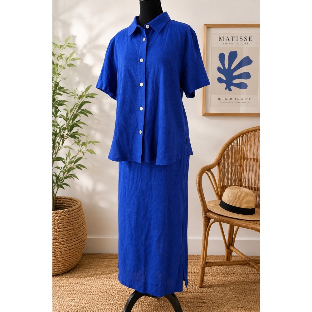 Vintage 90s Linen Blend Skirt Suit Womens XL Royal Blue 2 Piece Church Set